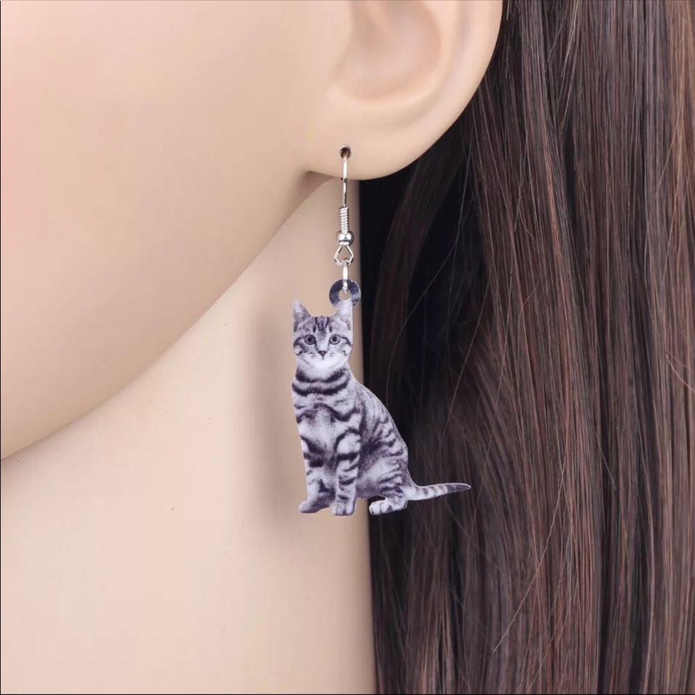 Grey Kitty Cat With Black Stripes Acrylic Earrings - Picture 4 of 5